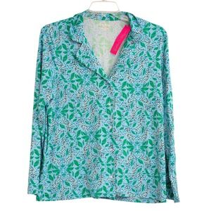 Lilly Pulitzer XL Shirt Blue Leopard Print NWT Long Sleeve Exotic Cheetah Print